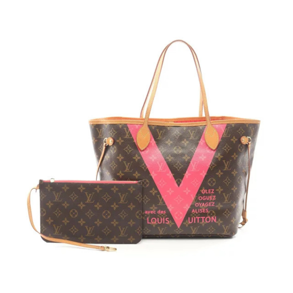 Louis Vuitton Neverfull Monogram V Grenade Tote Bag Canvas Leather Brown Pink